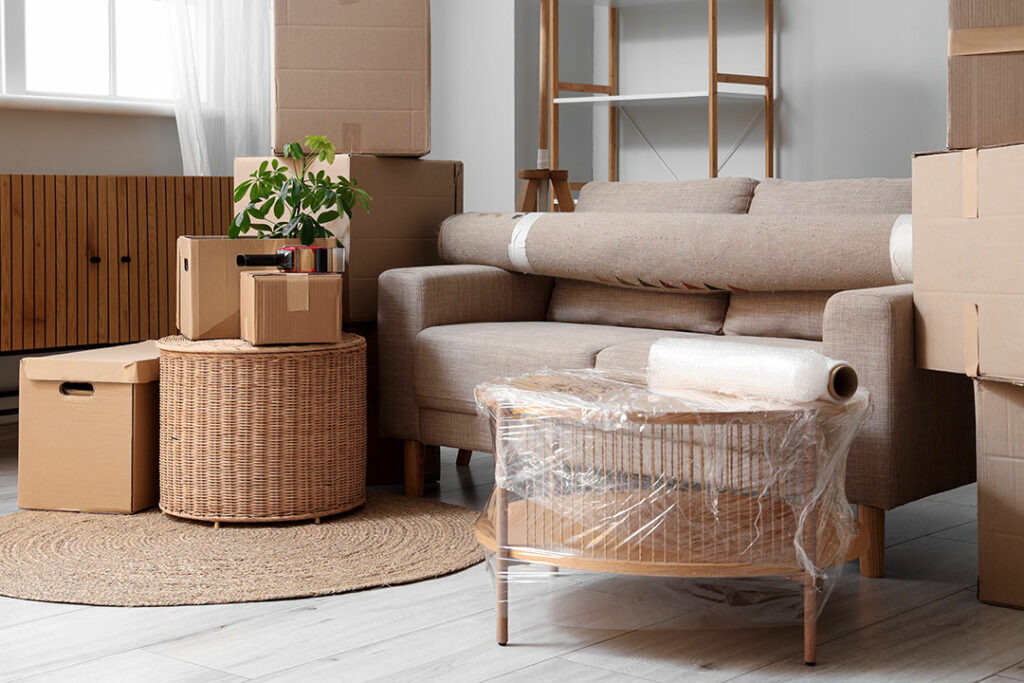 A living room set up for moving, featuring packed cardboard boxes, a beige sofa with a rolled-up rug on top, furniture wrapped in plastic for protection, a wicker coffee table, and a small green plant.