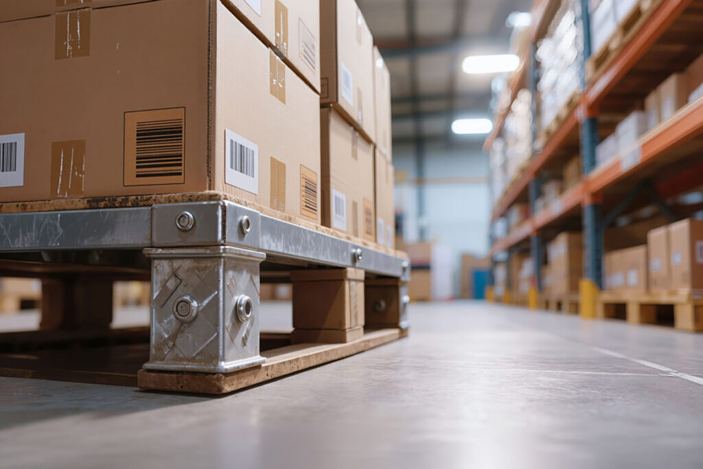 Stacked cardboard boxes sit neatly on a pallet in a warehouse aisle, making them ready for quick order fulfilment. Additional shelves and boxes fill the background, showing organised storage for easy navigation.