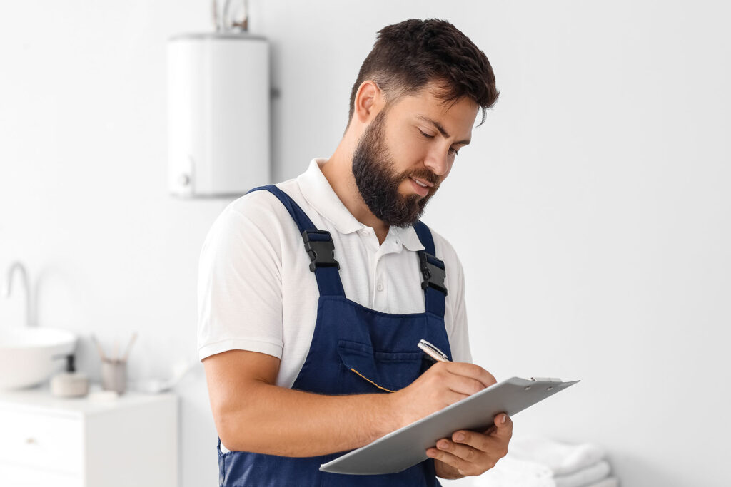 A professional in blue overalls and a white shirt stands in your bright, modern home near a hot water cylinder, carefully taking notes on a clipboard to ensure your home removal survey meets your needs.