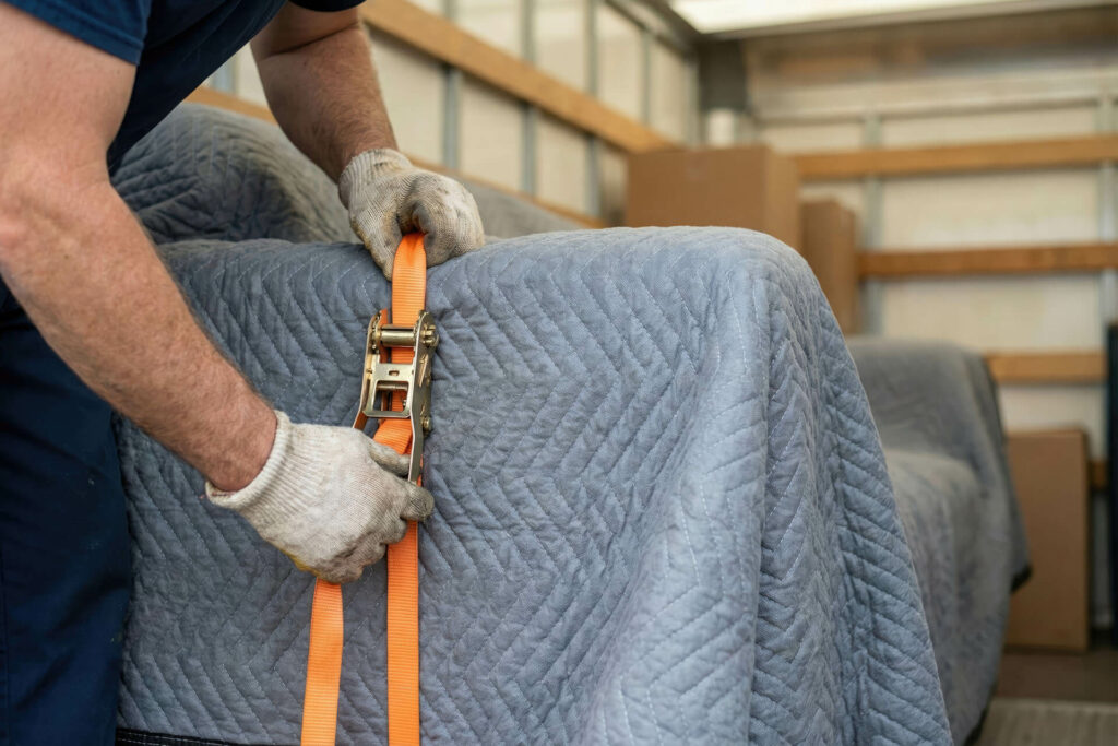 You can see a removal man wearing gloves carefully securing your padded and protected furniture with a bright orange ratchet strap inside a removal lorry, ensuring everything stays safe during transport.