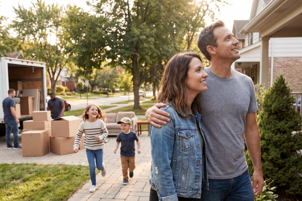 You’re greeted by a smiling family outside their new house, surrounded by moving boxes and a parked lorry. Two children run on the walkway, while others in the background help unload boxes, creating a lively welcome scene.