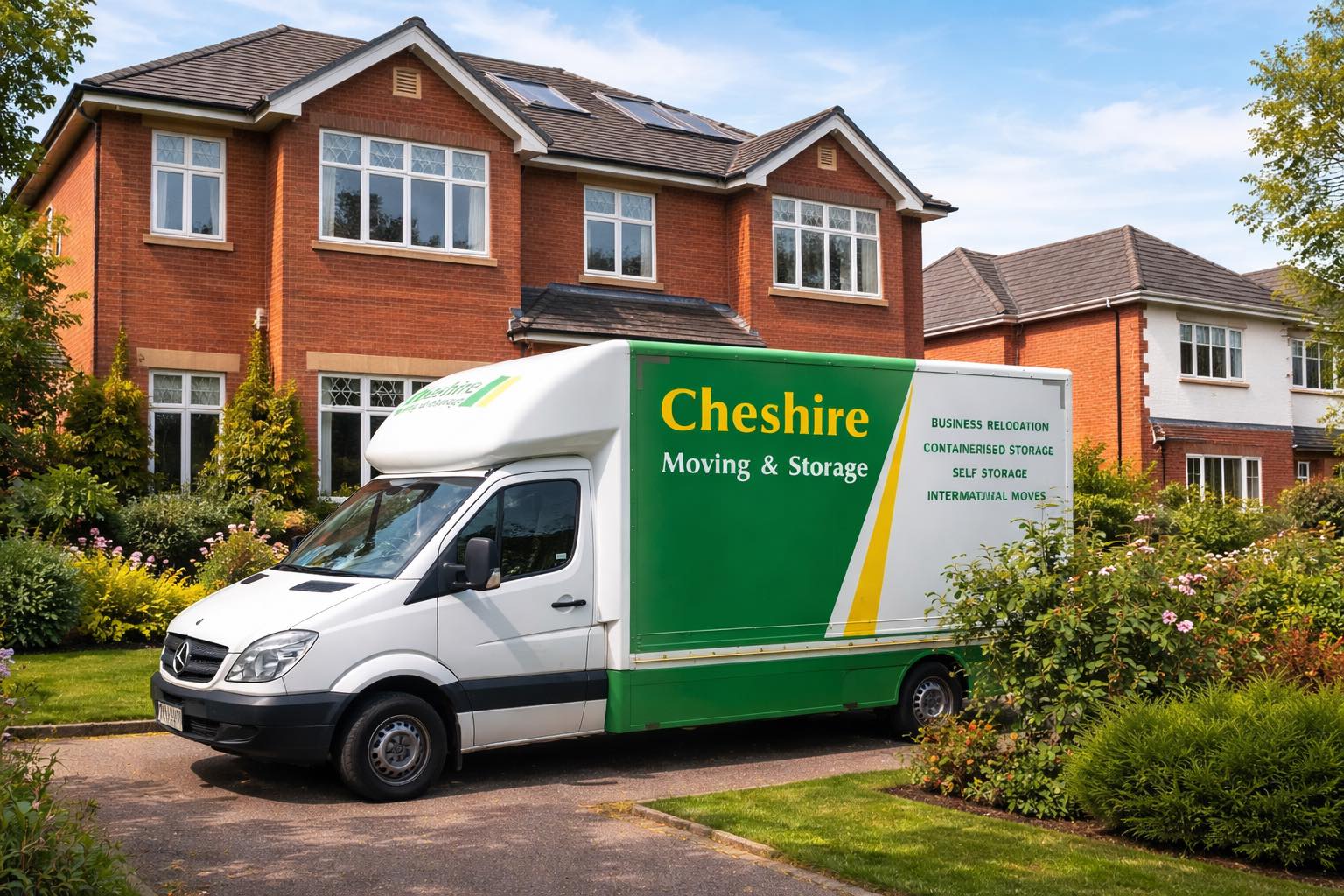 You’ll find a Cheshire Removals & Storage lorry parked in the drive of a tidy suburban brick house with a well-maintained garden, symbolising our secure storage solutions for you throughout Wirral.
