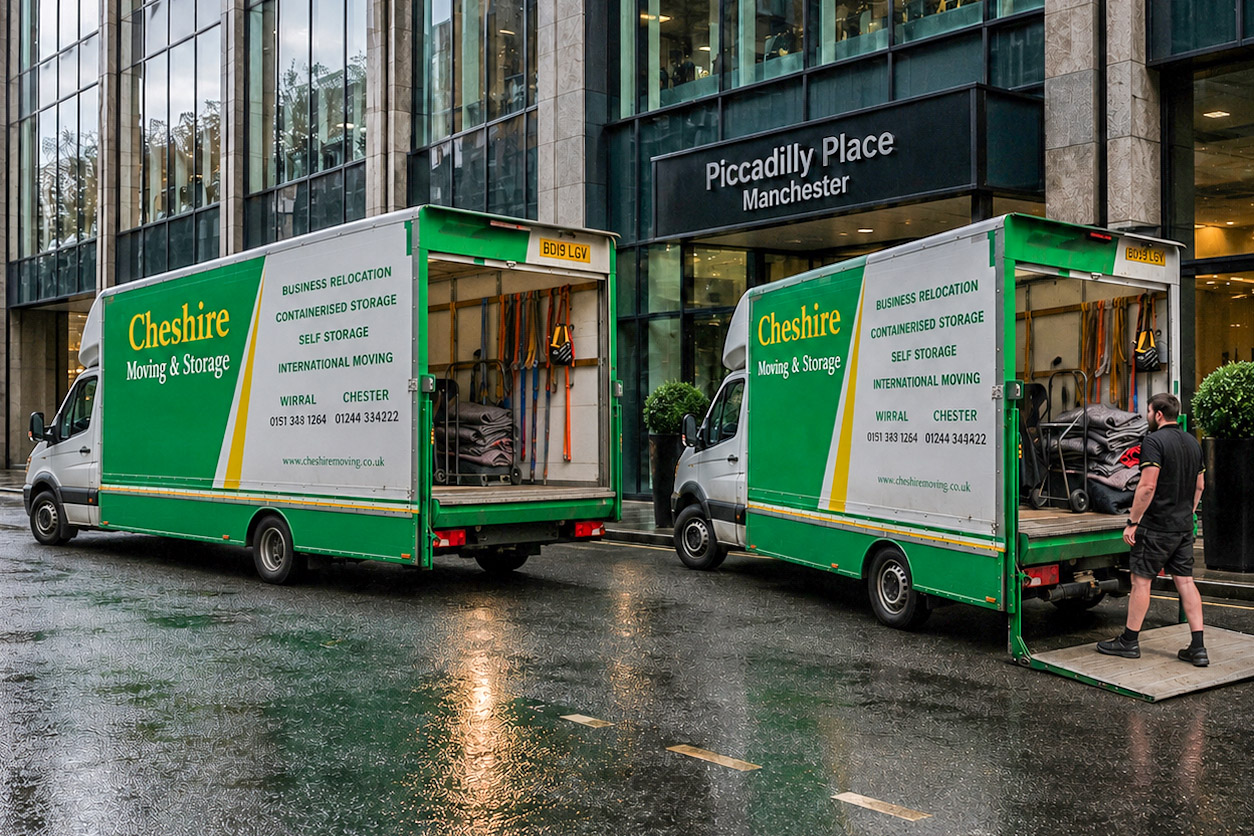 You’ll find two Cheshire Removals & Storage lorries parked with their backs open outside Piccadilly Place in Manchester, as a worker stands ready to assist you with your move, even on this rainy day.