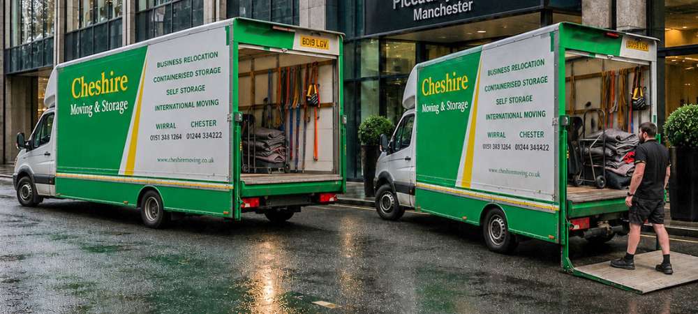 Cheshire Moving & Storage lorries in green and white are parked on a wet city street, rear doors open as a worker operates the lift. Their contact info and removals services are easy to read for customers needing details.