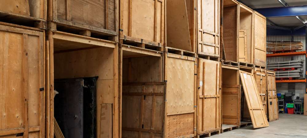 You see a spacious warehouse with large wooden storage crates, some doors open for easy access. The concrete floor and high ceilings create a practical environment, with metal shelves holding assorted items in the background.